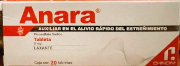 Anara Picosulfato de sodio 5 mg caja con 20 tabletas