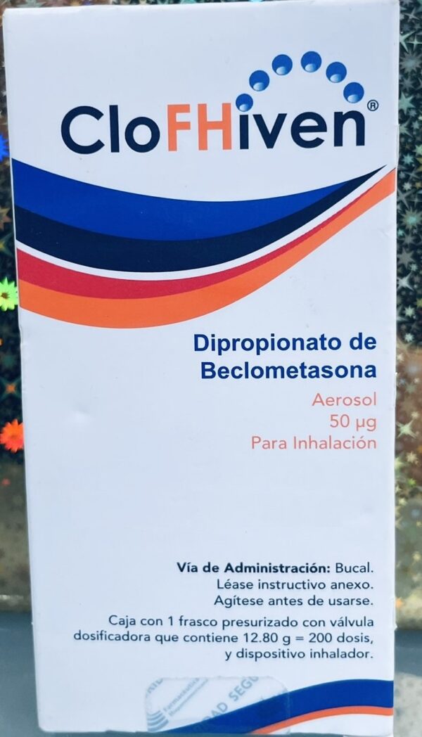 Clophiven Dipropiato de Beclometasona 50 mg caja con frasco aerosol