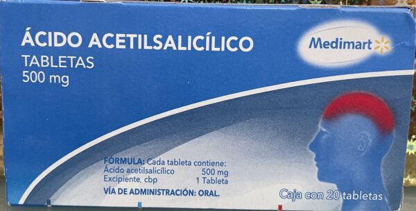 Generico Acido acetilsalicilico 500 mg caja con 20 tabletas