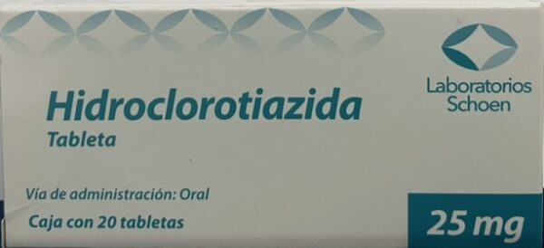 Generico Hidroclorotiazida 25 mg caja con 20 tabletas